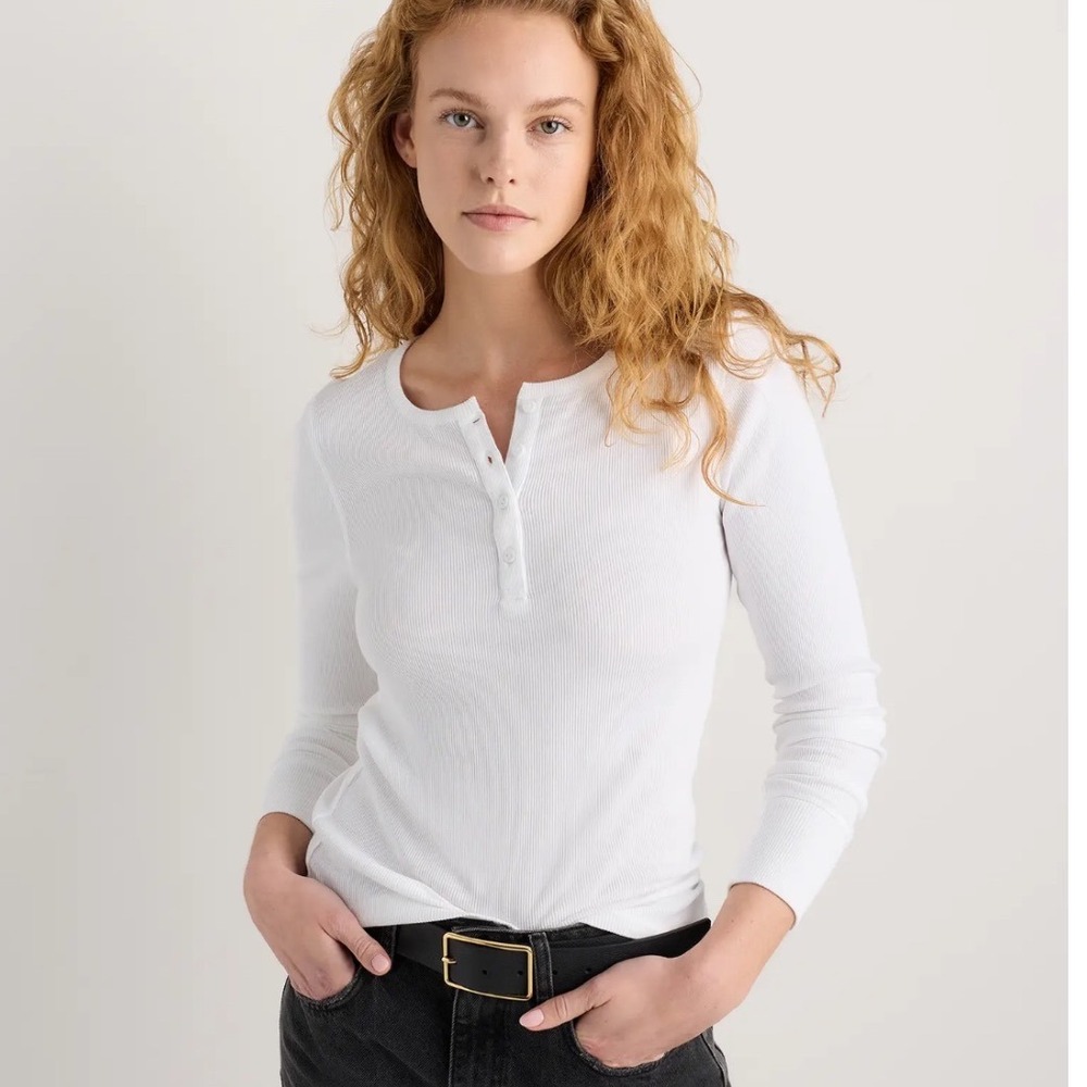 Quince Organic Cotton Ribbed Henley Long Sleeve Top White Small